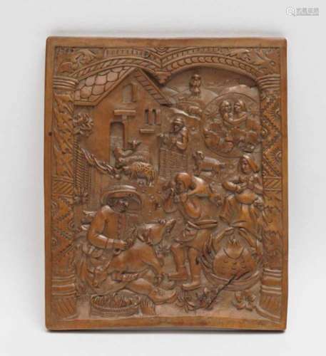 The Month of JuneNetherlands, 16th Century Boxwood relief. 16 x 13 cm.Furnishings, pastoral scene,