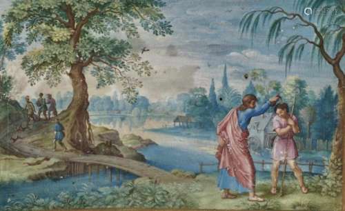 Attributed to Friedrich BrentelBaptism Scene Gouache on parchment. Black and gold edging lines. 10.8