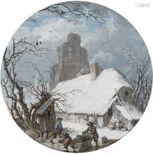 Dutch School (?) 18th CenturyWintry Village Scene Gouache on paper. Edging line. Diameter 8.7 cm.