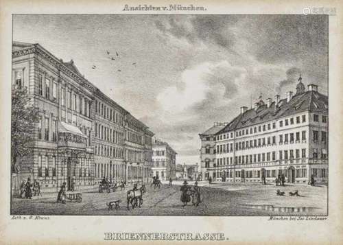 Gustav KrausAnsichten v. München - Briennerstrasse Plate inscribed lower left. Lithograph on vellum.