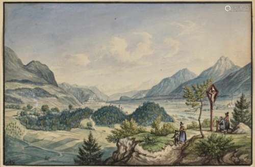 Gustav KrausInn Valley near Brixlegg Monogrammed GK lower left and dated 1839. Watercolour, black