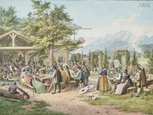 Lorenzo QuaglioShooting Fair at the Tegernsee Signed lower left and dated 1850. Verso pencil study