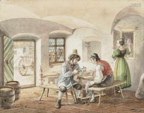 Lorenzo QuaglioThe Coachman's Wages Signed lower right and dated 1847. Watercolour, black edging