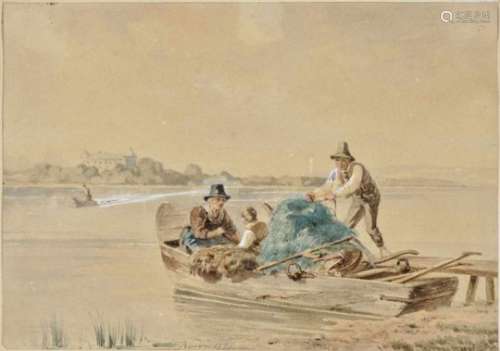 Julius NoerrPeasant Family in a Boat on Chiemsee Signed lower centre and dated 1857. Watercolour,