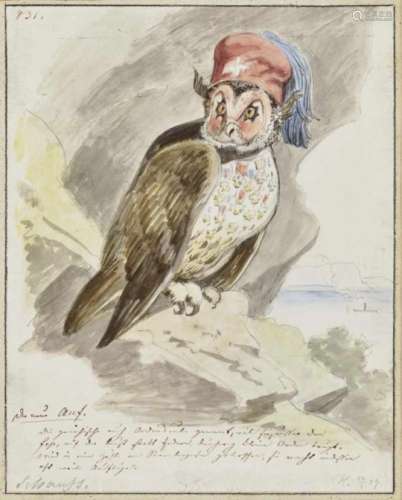 Franz Graf von PocciThe Owl with Fez and Medals Inscribed ''Schauss'' lower left, monogrammed (?)
