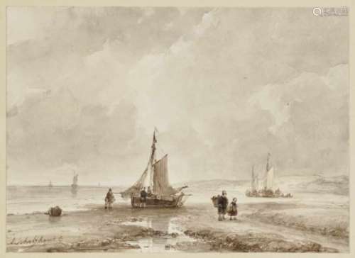 Andreas SchelfhoutBeach Scene with Fishing Boats Signed lower left. Washed ink drawing, partially