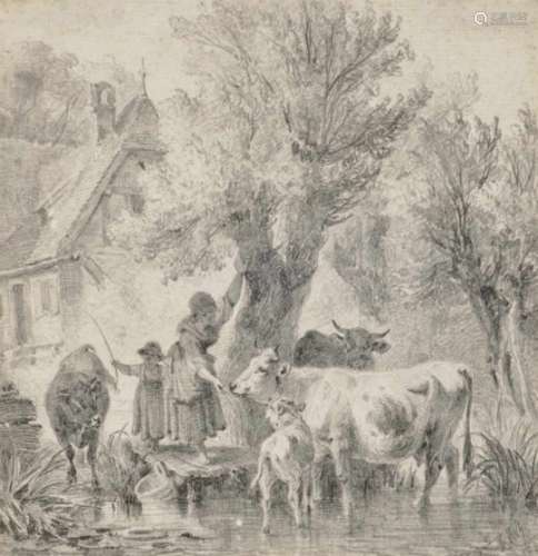 Johann Friedrich VoltzPeasant Girl with Cows at the Watering Hole Signed lower right and dated