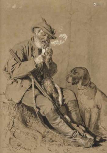 Eduard von GrütznerHuntsman with Dog Signed lower left and dated (18)80. Washed ink drawing,