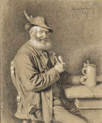Eduard von GrütznerBearded Man Drinking Beer Signed lower right and dated (18)87. Verso customs