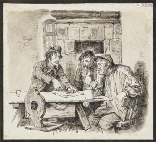 Hugo KauffmannThree Men Around a Tavern Table Signed lower centre and dated (18)79. Verso label ''