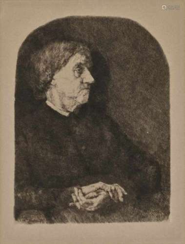 Wilhelm LeiblLeibl's Mother Etching on vellum (Billeter 5, II). 33 x 26.1 cm. Time-stained. Minor