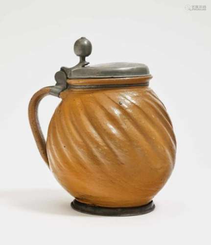 A ''Melonenkrug''Altenburg, 18th Century Stoneware. Pewter cover and base with marks and engraved