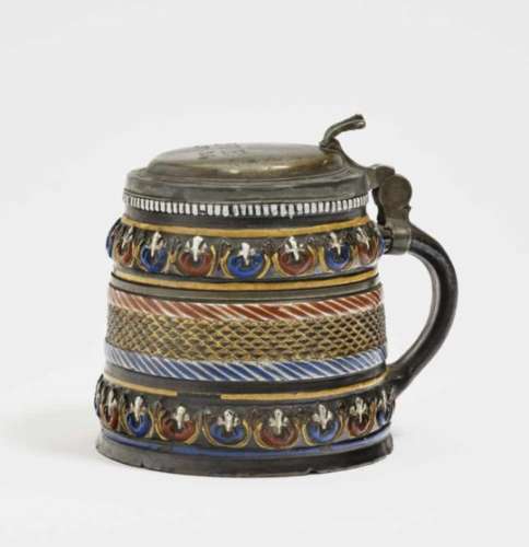 A TankardAnnaberg, circa 1680/1690 Stoneware with slip, decorated with colourful enamels and