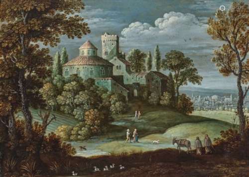In the style of Paul BrilLandscape with Architectural Motif and Figures Verso inscribed ''Paul Bril,