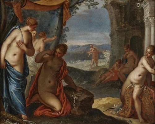 In the style of Hendrick van BalenDiana and Her Nymphs Bathing Verso attribution to Rottenhammer.