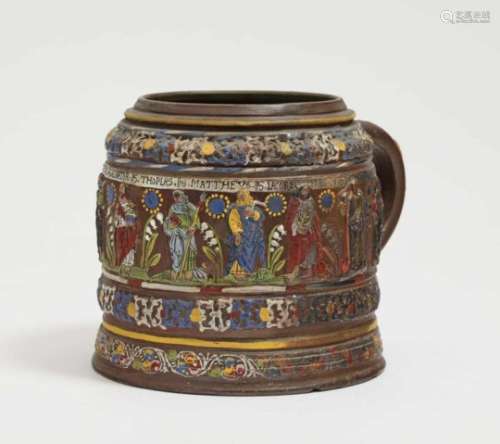 A Tankard ''Apostelkrug''Creussen, dated 1669 Salt-glazed stoneware decorated with colourful