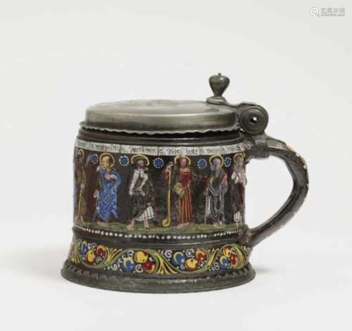 A Tankard ''Apostelkrug''Creussen, dated 1674 Salt-glazed stoneware, decorated with colourful enamel