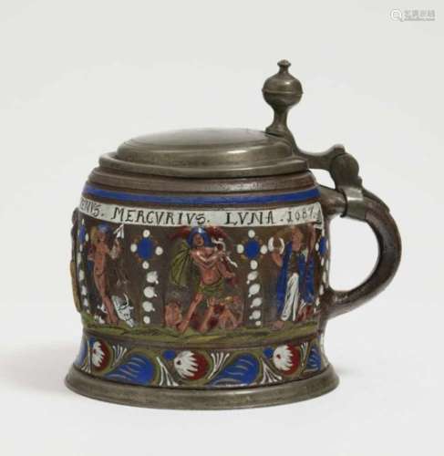 A Tankard ''Planetenkrug''Creussen, dated 1687 Salt-glazed stoneware decorated with colourful enamel