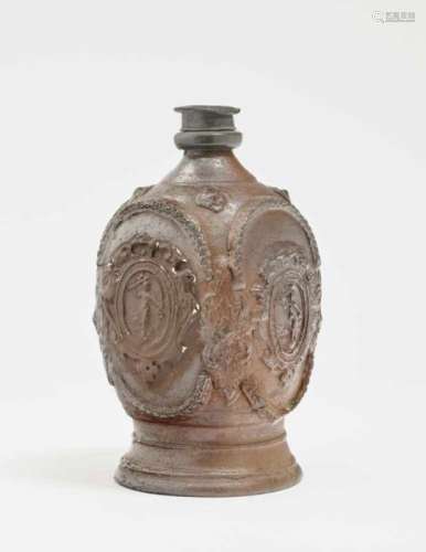 A ''Kruke''Creussen, 17th Century Salt-glazed stoneware. Pewter screw cap. Damaged. Height 20 cm.