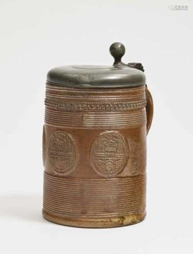 A TankardRaeren or Duingen, early 18th Century Salt-glazed stoneware, with slip. Pewter cover