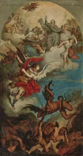 South German or Austrian School 18th CenturyThe Fall of the Rebel Angels Oil on canvas. 77 x 42