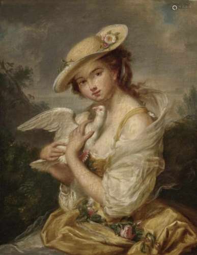 English School (?) late 18th CenturyYoung Woman with a Dove Verso label of the frame maker ''Tho.s