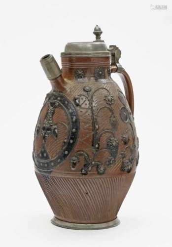 A Large EwerMuskau, 18th Century Brown stoneware, partly with slip. Pewter cover and base with
