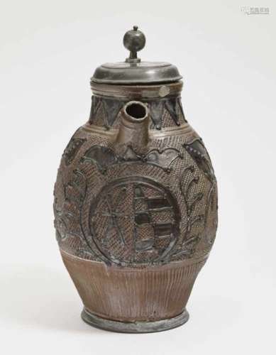 A EwerMuskau, early 19th Century Salt-glazed stoneware. Pewter cover and base, monogrammed A.M. E.W.