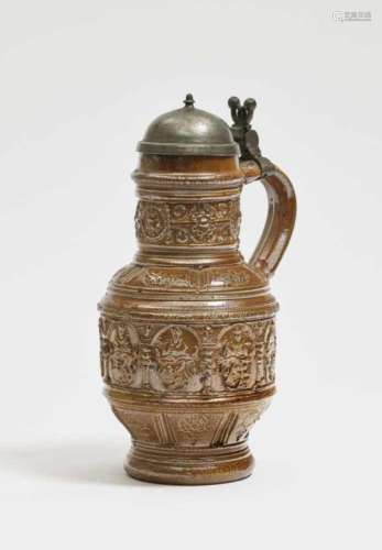 An Electors JugRaeren, dated 1603 Stoneware. Brown salt glaze. Pewter cover with Cologne mark.