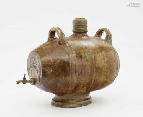 A BarrelWaldenburg, 17th Century Salt-glazed, speckled stoneware. Brass tap. Damaged. Height 38