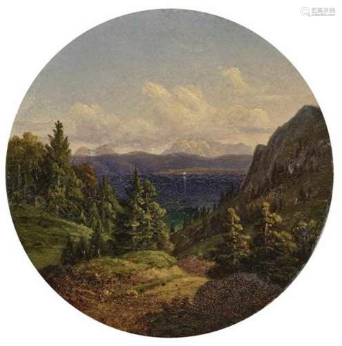 Attributed to Carl MorgensternView of a Mountain Lake Oil on thin artist's board. Diameter 9 cm.