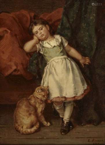 Ludwig KnausPouting Girl with Cat Signed lower right and dated 1867 (?). Remnants of a label with