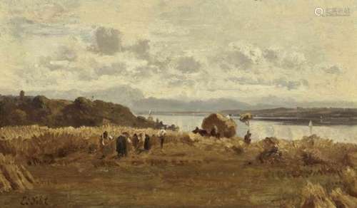 Eduard Schleich, the ElderHarvest at Lake Starnberg Monogrammed lower left ''Ed. Schl.''. Verso