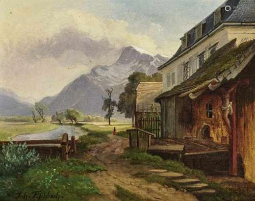 Johann FischbachHomestead by the Stream Signed lower left. Verso inscribed ''Bei Salzburg''. Oil