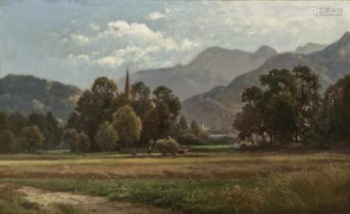 Paul WeberHaymaking in the Foothills Signed lower right. Verso estate stamp and inscription ''von