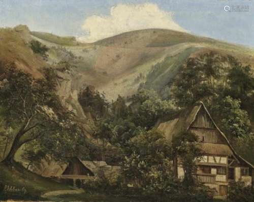 Paul WeberFarmstead in Hilly Landscape Signed lower left and dated (18)69. Oil on canvas. 25.3 x