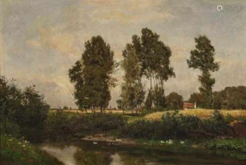 Philipp RöthLandscape with Farmstead Signed lower left. Oil on canvas. 27.5 x 51.4 cm. Restored.