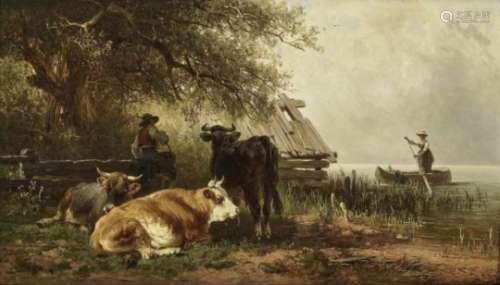 Johann Friedrich VoltzCowherd with Cattle on the Lakeshore Signed lower right and dated 1870. Oil on