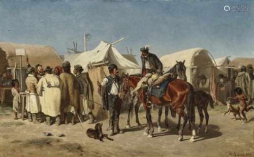 Heinrich LangHungarian Horse Market Signed lower right and dated 1869. Oil on panel. 24 x 38 cm.
