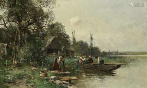 Karl Adam HeinischLakeshore with Punt and Washerwoman Signed lower left, inscribed ''München'' and
