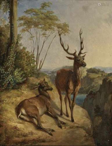 Carl Constantin Heinrich SteffeckDeer and Doe in Rocky Landscape Signed lower right. Oil on