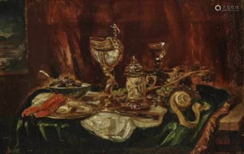 Ludwig Adam KunzStill Life with Nautilus Cup and Lobster Remnants of the signature upper right.