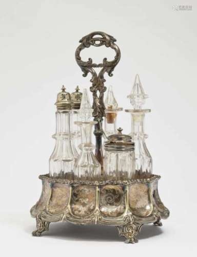 A Cruet SetSheffield, mid-19th Century, Roberts & Slater Silver-plated. Six cut glass inserts.