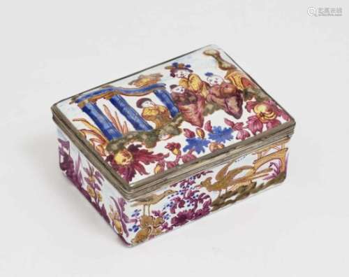 A Snuff BoxBerlin, mid-18th Century, probably workshop of Fromery 'Email de Saxe'' on copper.