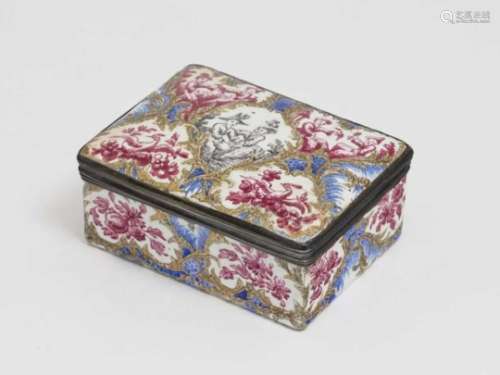 A Snuff BoxBerlin, mid-18th Century, probably workshop of Fromery 'Email de Saxe'' on copper.