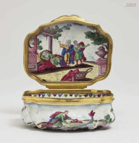 A Snuff BoxGerman, 2nd half of the 18th Century Enamel on copper. Gold-plated copper mount.