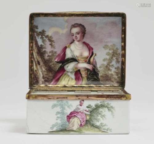 A Snuff BoxGerman, third quarter of the 18th Century Enamel on copper. Gold-plated copper mount.