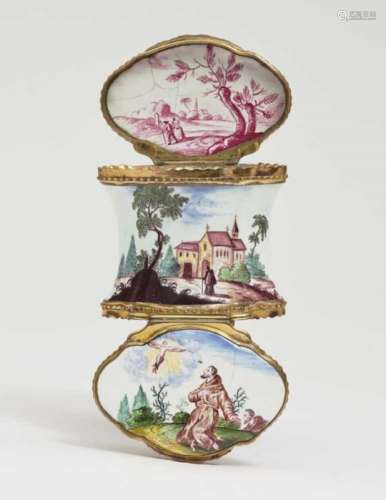 A Double Snuff BoxGerman, third quarter of the 18th Century Enamel on copper. Gold-plated copper