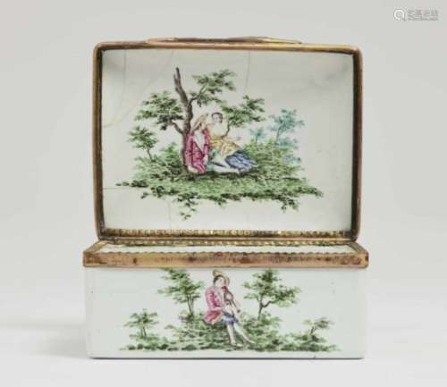 A Snuff BoxGerman, third quarter of the 18th Century Enamel on copper. Gold-plated copper mount.