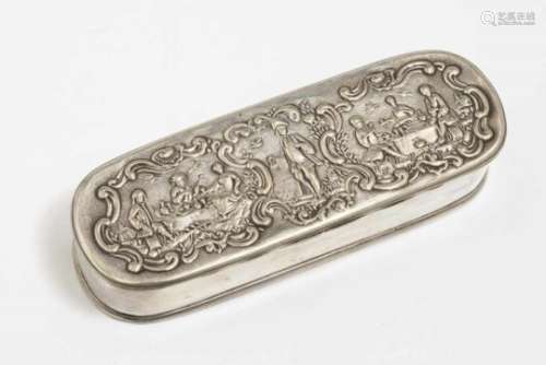 A Snuff BoxAmsterdam, 18th Century Silver, gilt interior. On the cover, hammered decoration on